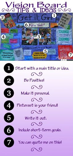 a poster with the words vision board tips and ideas