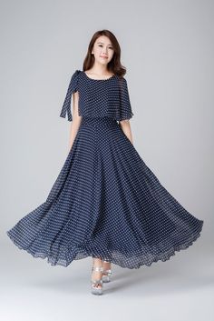 Blue Chiffon Dresses, Plain Maxi Dress, Blue Polka Dot Dress, Gaun Fashion, Long Gown Dress, Long Dress Design, Ankle Dress, High Waist Dress, Dress Chiffon