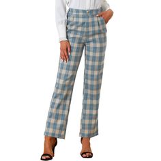 These pants are essential for dressing up or down. Lightweight fabric, covered in a plaid pattern, shapes these trendy trousers with a high-rise fit. How it is a bit high waist and how it gathers at the waist adding shape to the body. You may love everything about these trousers, from their regular fit to the elastic high-waist, which could double as a hiding mechanism for women with love handles. Style these trousers with a crop top and heels for the ultimate look. This fashionable and trendy c Tailored Casual Plaid Pants, Tailored Plaid Casual Bottoms, Casual Plaid Bottoms For Office, Casual Plaid Office Bottoms, Casual Plaid Bottoms, Casual Plaid Pants For Office, Casual Plaid Office Pants, Plaid Cotton Pants For Work, Cotton Plaid Pants For Workwear