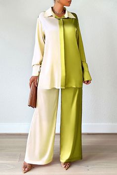 Details: Material: Polyester Style: Casual Pattern Type: Patchwork Element: Contrast Neckline: Turndown Collar Sleeve Style: Shirt-Sleeve Sleeve Length: Long Sleeve Suit Type: Two-pieces Fit Type: Loose Clothing Length: Long Size(in) Bust Top Length Bottom Length S 37.8 25.6 38.6 M 39.4 26.4 39.4 L 40.9 26.8 39.8 XL 42.5 27.2 40.2 2XL 44.1 27.6 40.6 Tips:Due to the many variations in monitors, the color in the image could look slightly different, please take physical design and color shall preva Long Sleeve Suit, Shirt Collar Styles, Wide Leg Pant Suit, Mode Kimono, Loose Clothing, Two Piece Pants Set, Outer Wear, Satin Shirt, Loose Outfit