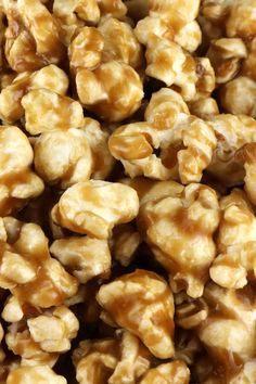 caramel popcorn with text overlay that says easy homemade caramel corn on it