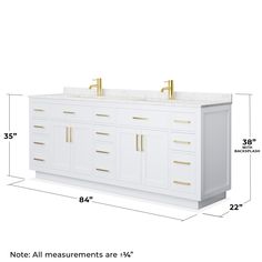 a white bathroom vanity with two sinks and gold faucets on the top, measurements