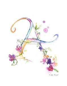 the letter a is painted with watercolors and flowers