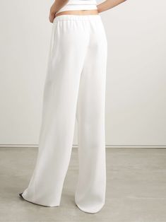 VALENTINO GARAVANI Silk crepe de chine wide-leg pants Valentino Silk, White Pants Women, Flat Dress Shoes, Dress Flats, Sport Swimwear, Sports Skirts, Stripe Silk, Wide Legs, Silk Crepe