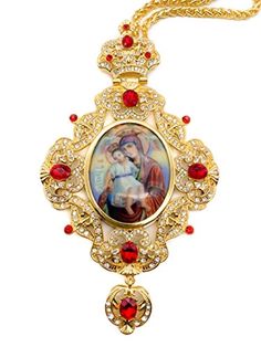 Red Crystals Pectoral Cross Necklace Gold plated Clergy Pectoral Cross with red crystallized glass elements, Jesus with Mary icon, and long chain. Beautiful handcrafted cross on Iron base, plated in gold to ensure durability and prevent corrosion tarnish. Pendant Length (H X W) : 15 cm x 9 cm / 5.9" x 3.5", Chain size: 23" Packed in beautiful gift box with velvet base to provide extra protection. Christian priest bishop Cross can be hanged at home or used at Church. The Cross combined with a lon Red Spiritual Metal Jewelry, Spiritual Red Jewelry For Christmas, Spiritual Red Metal Necklace, Cross-shaped Jeweled Jewelry For Gifts, Jeweled Cross Jewelry For Gifts, Cross-shaped Jeweled Jewelry Gift, Jeweled Cross Jewelry Gift, Red Spiritual Cross Pendant Jewelry, Spiritual Red Cross Pendant Necklace