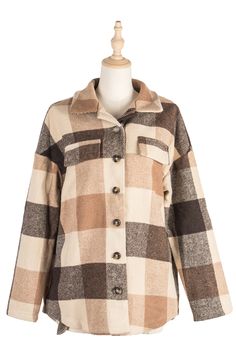 Women's Plaid Shackets Lapel Single Breasted Check Shirt Jacket Single Breasted Casual Collar Outerwear For Fall, Beige Single Breasted Collared Shacket, Beige Collared Single Breasted Shacket, Beige Collared Single-breasted Shacket, Fall Single-breasted Casual Collar Outerwear, Beige Collared Shacket With Snap Buttons, Beige Single-breasted Collared Shacket, Fall Single-breasted Outerwear With Casual Collar, Long Sleeve Tops With Buttoned Pockets For Fall