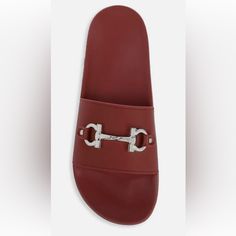 Size 10 M Brand New And Authentic Red Classic Sandals With Round Toe, Classic Red Sandals With Round Toe, Classic Red Round Toe Sandals, Luxury Red Slip-on Sandals, Classic Red Leather Sandals, Classic Red Open Toe Sandals, Luxury Red Flat Sandals, Classic Sandals With Red Sole, Classic Open Toe Sandals With Red Sole