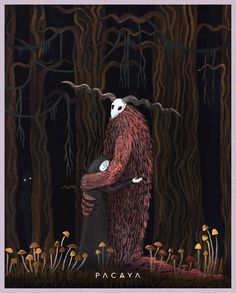 a painting of a person hugging a bear in the woods with mushrooms and trees around them