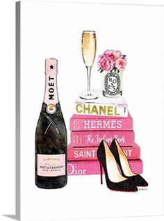 a bottle of champagne, high heel shoes and a stack of books with flowers on top