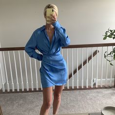 Never Worn. Light Weight Material. Zara Dress Blue, Blue Satin Shirt, Black Halter Mini Dress, Zara Short Dress, Short Faux Fur Jacket, Satin Shirt Dress, Black Lace Shorts, Pink Bodycon Dresses, Dresses Blue