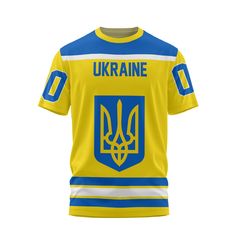 Ukraine T Shirt Flag & Coat Of Arms Hockey Style Yellow Crew Neck Fan Apparel Top, Sports Relaxed Fit Jersey T-shirt, Yellow Tops With Sublimation Print For Sports Events, Moisture-wicking Jersey Crew Neck T-shirt, Team Spirit Cotton Jersey With Crew Neck, Cotton Team Spirit Jersey With Crew Neck, Team Spirit Jersey T-shirt With Crew Neck, Sublimation Print Crew Neck Tops For Sports Season, Crew Neck Jersey With Logo Print For Sports Season