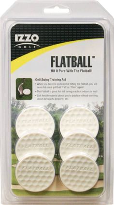 three white golf balls in a package with the words flatball on it's side