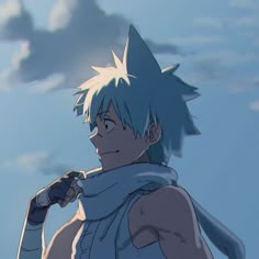 an anime character standing in front of the sky