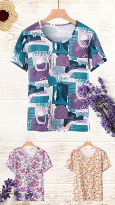 Cotton Floral Pattern T-Shirts for Women Casual Home Outfits. Soft & Breathable, You will Love Great Lower Price with High Quality Cotton Tee. Summer Graphic Print Patterned T-shirt, Patterned All Over Print T-shirt For Spring, Spring Patterned T-shirt With All Over Print, Spring Patterned Short Sleeve T-shirt, Spring Random Print Short Sleeve Tops, Multicolor Print Short Sleeve T-shirt For Spring, Multicolor Floral Print Crew Neck Top, Patterned Floral Print Cotton T-shirt, Spring Purple Printed T-shirt