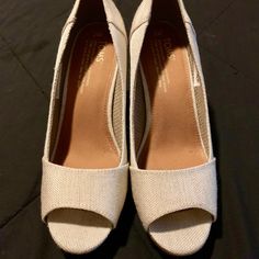 Toms Ivory Peep Toe Wedges. Size 7 Mint Condition Worn Once. Cork Heel Great Toms Shoes. New Without Tags Retail Over $80. Beige Open Toe Fabric Heels, Beige Fabric Open Toe Heels, Chic Beige Fabric Heels, White Fabric Open Toe Heels, Toms Wedges, Cork Heels, Lace Up Wedges, High Heel Wedges, Peep Toe Sandals