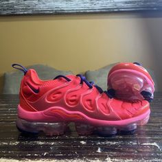 Nike Air Vapormax Plus Women's Size 8 Bright Crimson Pink Running Shoes. Good Pre Owned Condition Womens Size 8 Toe Boxes Are Clean No Markings Midsoles Are Scuff Free Bottoms Are Clean As Seen Uppers Are Clean No Cuts Or Tears No Box Spring Slip-on Running Shoes With Air Cushioning, Red Running Shoes With Round Toe For Spring, Spring Sneakers With Air Cushioning And Round Toe, Air Vapormax Plus, Nike Air Vapormax Plus, Pink Running Shoes, Shoes Nike Air, Air Vapormax, Nike Air Vapormax