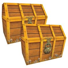 two wooden trunks with locks on them are sitting side by side in front of each other