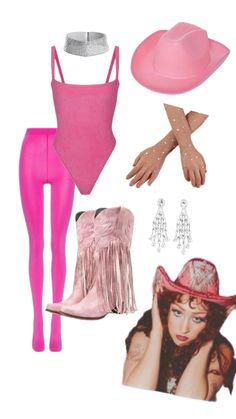 a pink outfit and accessories are arranged in the shape of a woman's body