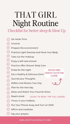 Need a night routine checklist for relaxation, self care and healthy sleep? Here's my step-by-step guide to creating a "That Girl" night routine that is healthy and relaxing so you can get better sleep and wake up feeling better. Plus a free Self care night routine checklist. Self-care activities | Self care routine | Self care | Evening routine | Night Time Routine #nightroutine | Self improvement | Self-improvement tips | Mental and emotional health | Healthy routine Evening Rituals | Pampering | College night routine | Daily routine habits That Girl Evening Routine, Relax Affirmation, College Night Routine, Self Care Evening, Night Routine Checklist, Self Care Night Routine, Night Routine Ideas, Night Care Routine