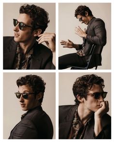 four photos of a man wearing sunglasses and sitting in a chair with his hand on his chin