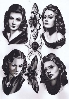 some drawings of women with hair and butterflies on their heads, one in black and white