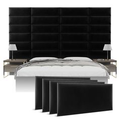 a bed with black headboard and four night stands next to each other on a white background