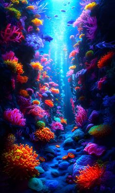 an underwater scene with colorful corals and fish