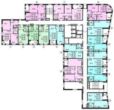 the floor plan for an apartment building with multiple floors and several rooms, all in different colors