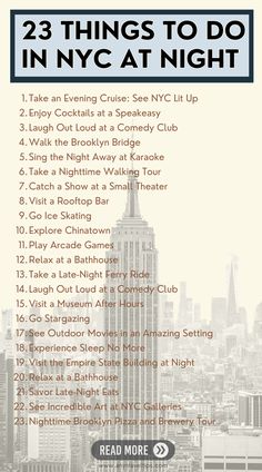 the new york city skyline with text that reads 23 things to do in nyc at night