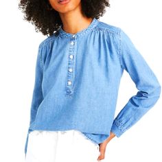 Lovely In Its Simplicity, This Drapey Denim Popover Top Has A Shirttail Hem And Shirring At The Shoulders And Back Yoke. Wear It Loose Over Straight-Legs For A Look That's Both Cool And Comfy. Regular Fit. Body Length From High Point Of Shoulder: 23 5/8". Cotton. Machine Wash. Xs Denim Blouse, Madewell Denim, Front Tie Top, Puff Sleeve Top, Short Sleeve Blouse, Chambray, Madewell, Sleeveless Top, Top Shirt