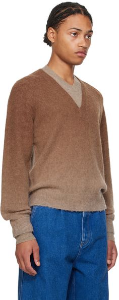 Brushed knit alpaca wool- and sheep wool-blend sweater. Gradient effect throughout. · Layered construction · Rib knit V-neck, hem, and cuffs · Dropped shoulders Supplier color: Chocolate brown Brown Cashmere V-neck Sweater, Wool V-neck Knitted Sweater, Wool V-neck Sweater With Ribbed Cuffs, V-neck Wool Sweater With Ribbed Cuffs, Knitted Cashmere V-neck Sweater, Pocket Sweater, Embellished Sweaters, Rainbow Sweater, Sweater Layering