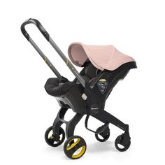 a stroller with a pink seat and yellow wheels on the front, against a white background