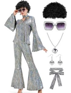 an image of a woman in silver outfit and sunglasses with her hand on her hip