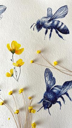 some yellow flowers and blue bees on a white background