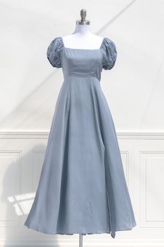 Blue Midi Dress With Square Neck And Fitted Bodice, Elegant Bridesmaid Dress With Puff Sleeves And Square Neck, Elegant Blue Puff Sleeve Dress With Fitted Bodice, Solid Dress With Ruched Bodice And Square Neck, Solid Color Dress With Ruched Bodice And Square Neck, Solid Square Neck Dress With Ruched Bodice, Puff Sleeve Empire Waist Dress For Garden Party, Simple Party Dress, Cottagecore Dresses