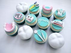 cupcakes decorated to look like toothbrushes, dental instruments and other items