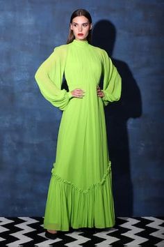 Green bishop sleeves georgette maxi gown with pleated bodice, backless high neck tie-up and frilled hem. - Aza Fashions Gown For Women, Maxi Gown, Ladies Gown, Pleated Bodice, Maxi Gowns, Aza Fashion, Neck Tie, Bodice, Types Of Sleeves