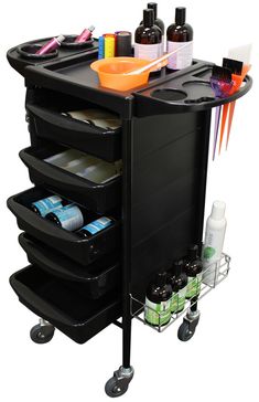 a black trolley with many different items on it