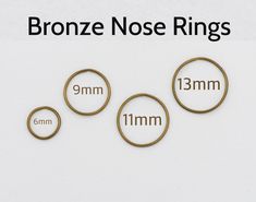 bronze nose rings are shown with measurements for each size and width, along with measuring tape