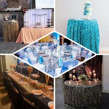 there are many pictures of different tables and chairs in this room, one is decorated with blue sequins