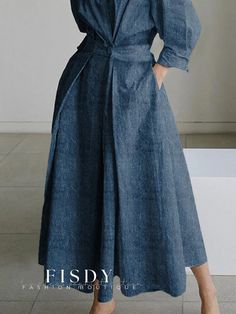 Fisdy - Chic Urban Denim Dress with Stand Collar - Belt Not Included Loose Denim Dress, Women Pants Outfit, Belted Denim Dress, Dress Name, Elegant Midi Dresses, Denim Patterns, Urban Dresses, Clothes Women, Women Pants