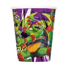 a paper cup with teenage mutant ninja turtles on the front and purple background in the back