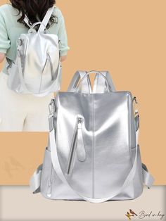 BirdinBag - Stylish Vintage Womens Backpack - Large Capacity for Commuting, Traveling, College & Work Silver Backpack For Daily Use, Silver Standard Backpack For Everyday Use, Silver Backpack With Zipper Closure, Silver Everyday Backpack, Travel Backpack With Zipper Closure In Silver, Silver Backpack For Everyday Use, Silver Standard Backpack For Daily Use, Silver Standard Backpack For School, Silver Travel Bags With Zipper Closure