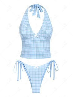 Seamolly Gingham Bowknot Decor Halter Tied Chic Tankini Set Gingham Swimwear, Bright Swimsuit, Halter Pattern, Swimwear Fabric, Swimwear Pattern, Floral Swimwear, Neon Bikinis, Body Hygiene, Beach Fits