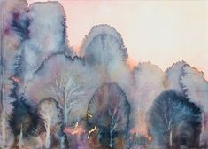 a watercolor painting of trees in the distance with pink and blue sky behind them