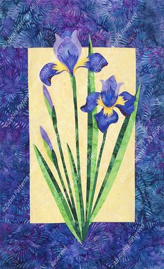 a painting of blue flowers with green leaves on a purple and yellow wallpaper background