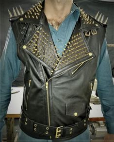 #Gold_Studded #VEST #JACKET #HANDMADE #Men #Black #Punk #Silver #Long #Spiked_Studded #Leather #Buttons_Up #Vest_Golden_Studs #Spikes_Black_Leather  Studded Jacket made with 100 % Genuine Top Quality Cowhide Leather Golden Studs Jjba Fashion, Spiked Jacket, Leather Jacket Spikes, Studded Biker Leather Jacket, Studded Leather Vest, Luxury Black Studded Biker Jacket, Rock Jacket, Luxury Studded Leather Jacket, Leather Button Up