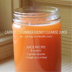 carrot cucumber kidney cleanse juice in a mason jar with instructions on how to use it