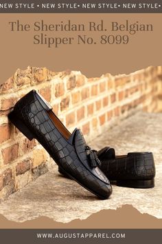 Visit us for more information! #mensfashion #mensstyle #mensshoes #bespokeshoes #customshoes #dapper #handmadeshoes Luxury Leather Sole Tassel Loafers For Semi-formal Occasions, Luxury Semi-formal Tassel Loafers With Leather Sole, Elegant Black Dress Shoes With Crocodile Pattern, Elegant Semi-formal Dress Shoes With Crocodile Pattern, Luxury Wingtip Tassel Loafers For Business, Business Black Crocodile Pattern Loafers, Business Black Loafers With Crocodile Pattern, Luxury Slip-on Dress Shoes With Textured Sole, Crocodile Pattern Round Toe Dress Shoes For Workwear