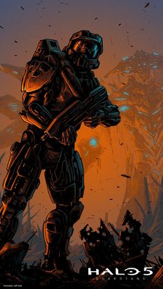 a sci - fi character standing in front of an orange and blue background